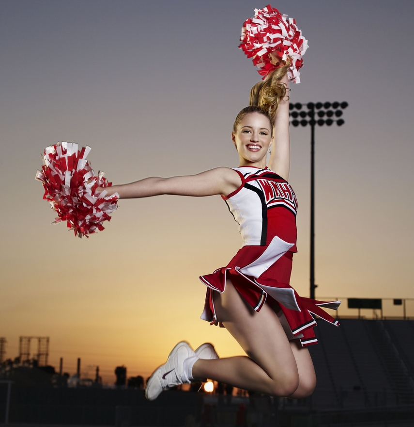 Auburn Cheerleader wearing White Socks, Sneakers and White and Red Mini Dress